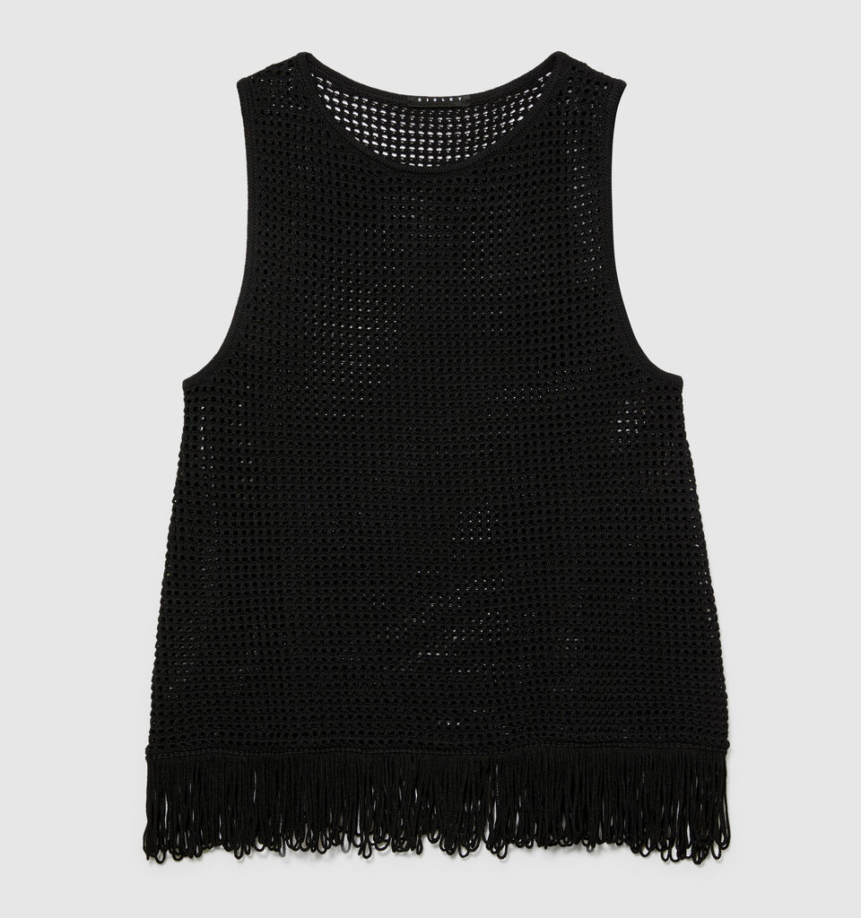 Perforated tank top with fringe - women's tops - Black | Sisley image number 6